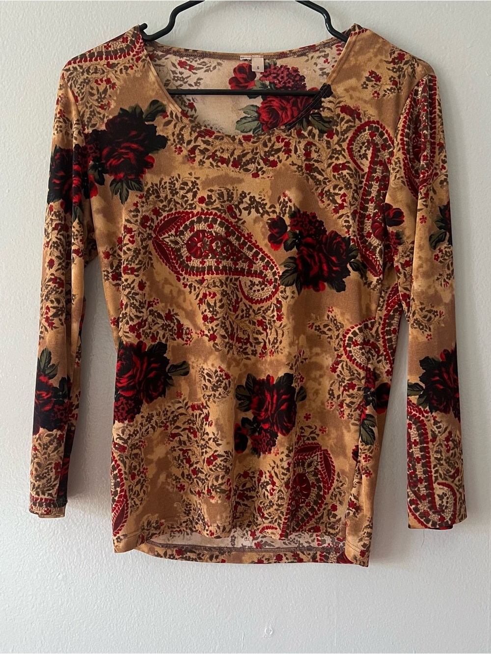 Vintage Y2K Red Floral Paisley Long-Sleeve Top Fairycore Whimsigoth Romanticgoth